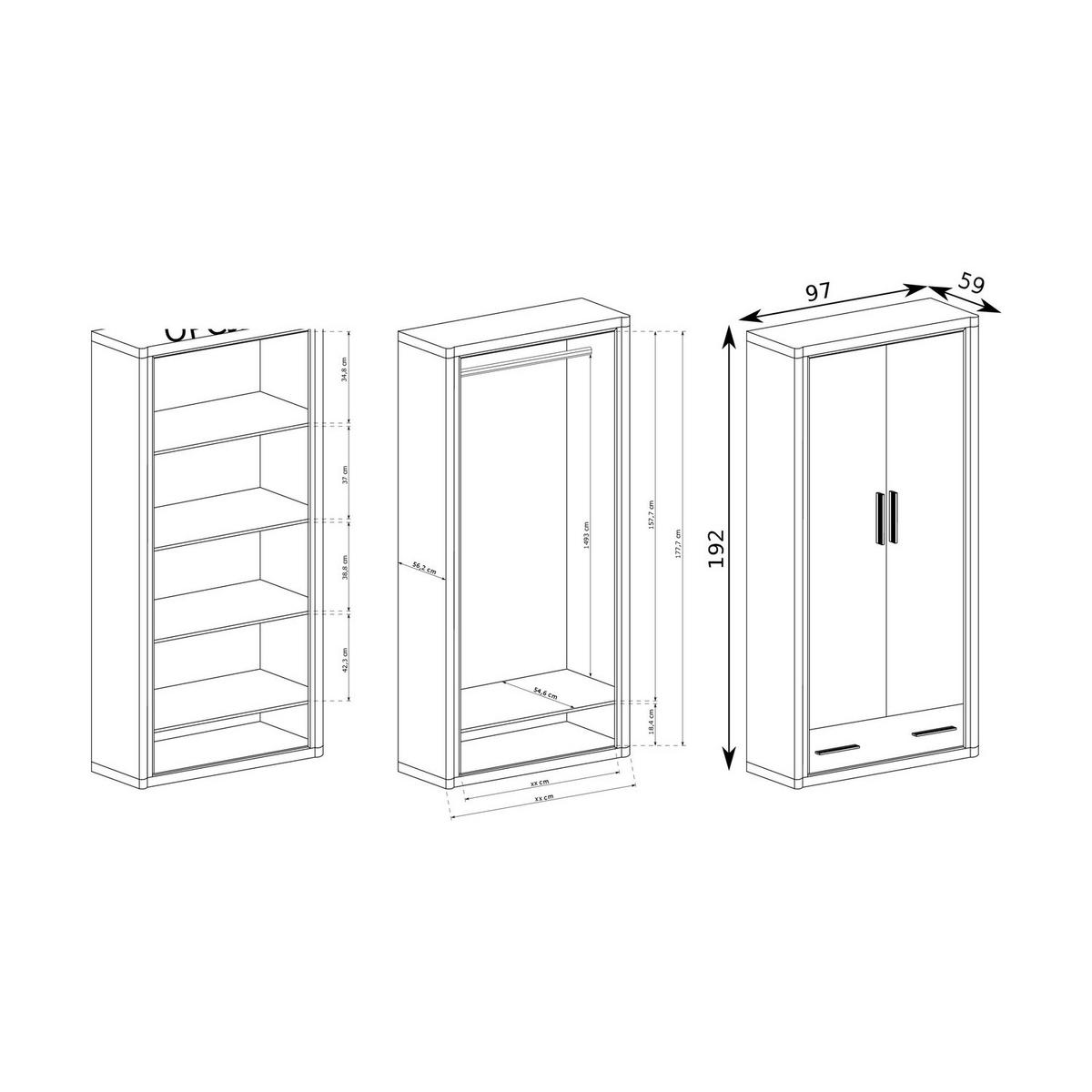 KLEIDERSCHRANK Dallas D-20 97 x 192 x 59 cm Eiche Sonoma - Schwarz/Sonoma Eiche, Holzwerkstoff/Kunststoff (97/192/59cm) - Koseto