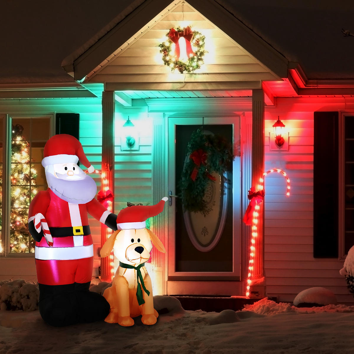 157 cm Aufblasbarer Weihnachtsmann mit Hund Weihnachtsdeko mit LED Wasserdicht - Rot, Kunststoff (80/157/117cm) - Outsunny