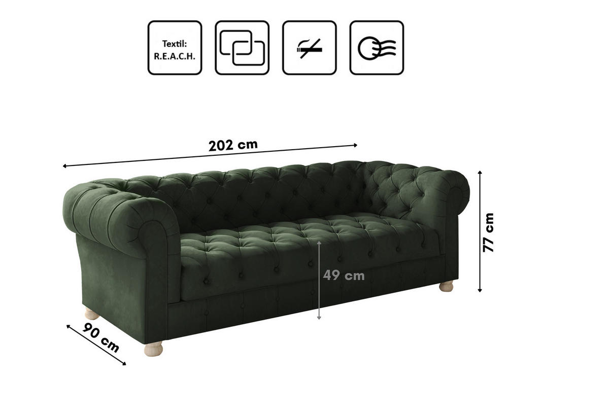 SOFA CHESTERFIELD Elegant Klassisch Schick Stoff Whisper Velours Grün - Grün, Holz/Textil (202/77/90cm) - Kaiser Möbel