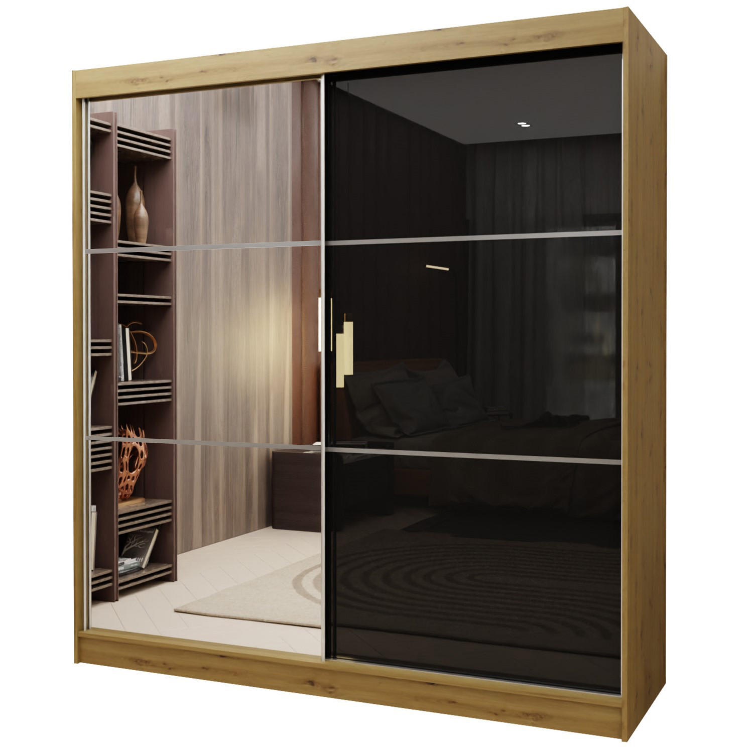 SCHWEBETÜRENSCHRANK VITALE 200/216/61 cm 2-türig mit Spiegel Eiche Artisan - Schwarz/Eiche Artisan, Holzwerkstoff (200/216/61cm) - MASSENO