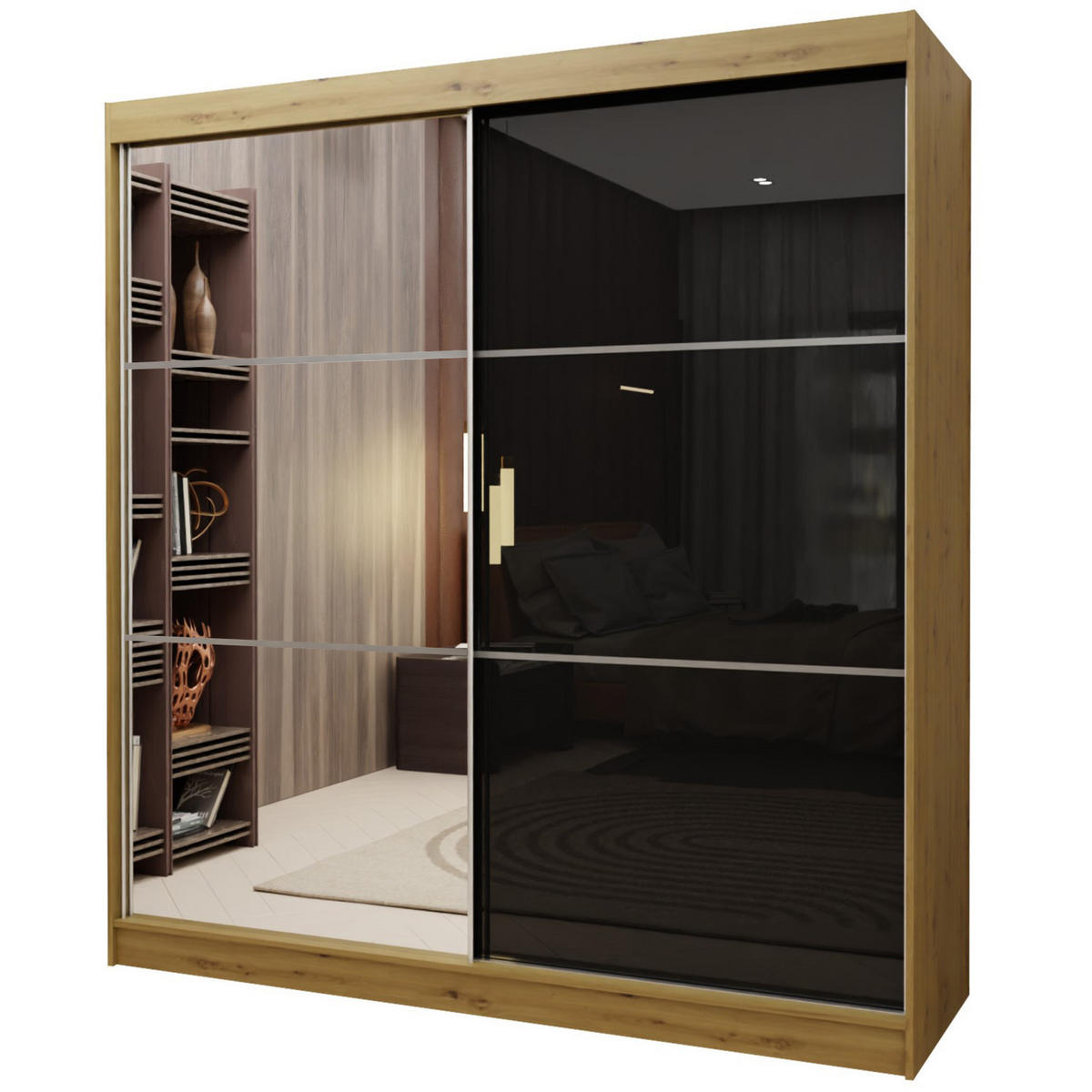 SCHWEBETÜRENSCHRANK VITALE 200/216/61 cm 2-türig mit Spiegel Eiche Artisan - Schwarz/Eiche Artisan, Holzwerkstoff (200/216/61cm) - MASSENO