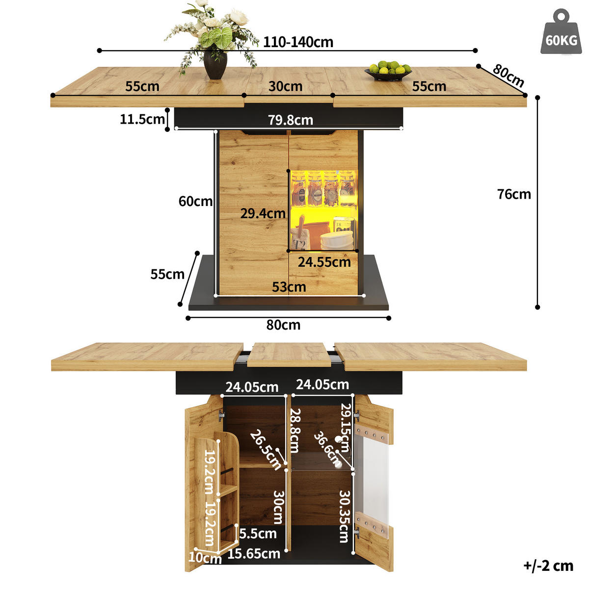ESSTISCH 110-140x80x76 cm in Natur und Schwarz aus MDF mit Sicherheitsglas ausziehbar - Naturfarben, Holzwerkstoff (80/140/76cm) - Modfu