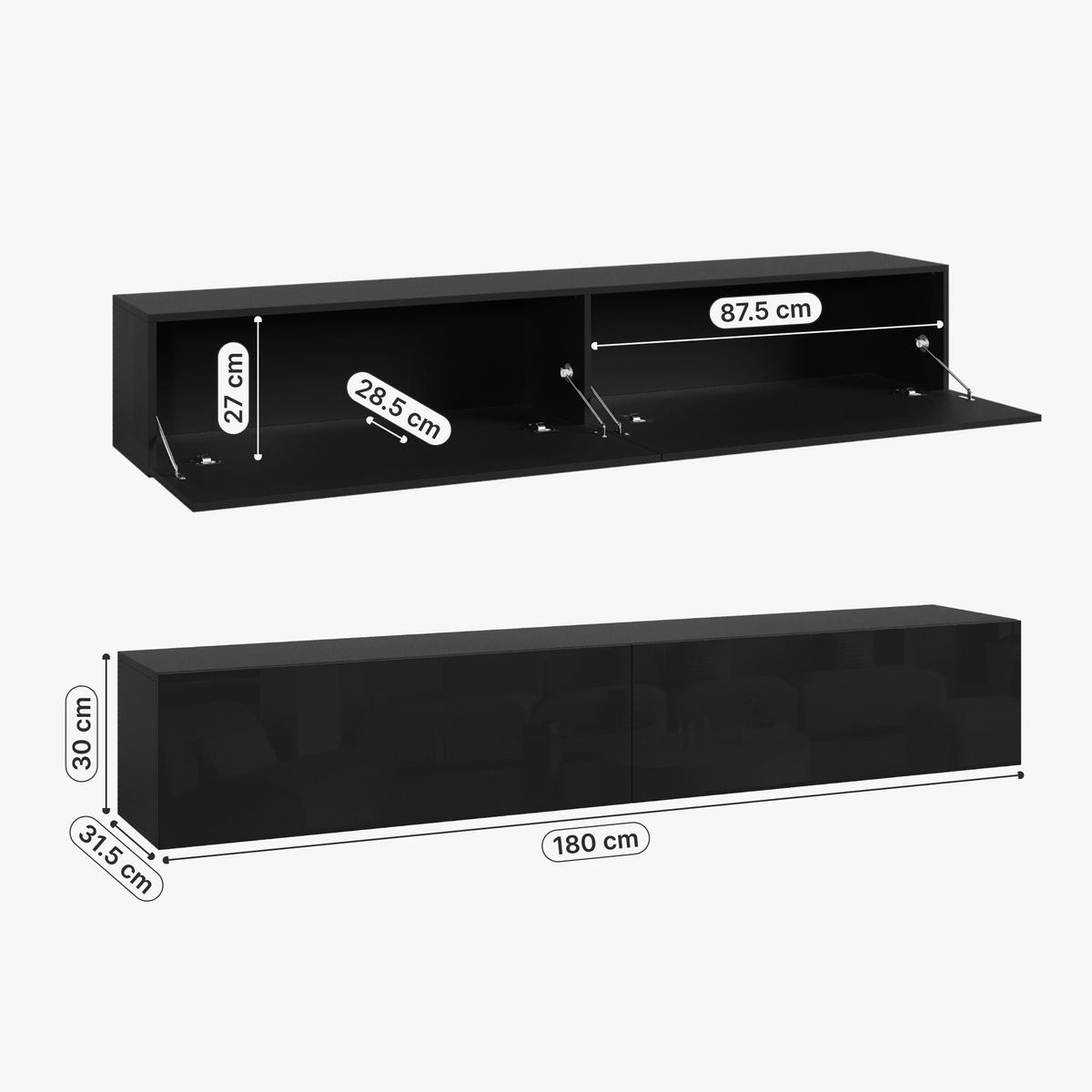 HÄNGELOWBOARD Evaton - Schwarz Hochglanz, Holzwerkstoff (180/30/31.5cm) - [en.casa]