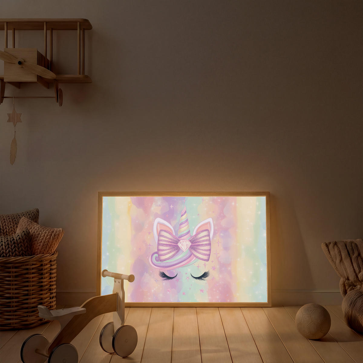 DOBÍJECÍ NOČNÍ LAMPIČKA Jednorožec - Třpytky - Duha - Pastelové barvy 100x70 cm - světle růžová, kompozitní dřevo (8/100/70cm) - OnlyWow