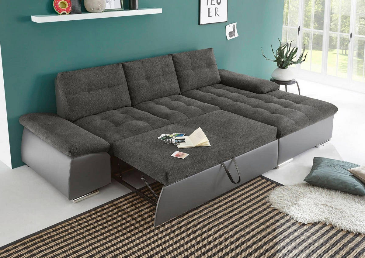ECKSOFA mit Schlaffunktion und verstellbaren Armlehnen - Chromfarben/Dunkelgrau, Kunststoff/Textil (170/268cm) - ed exciting design