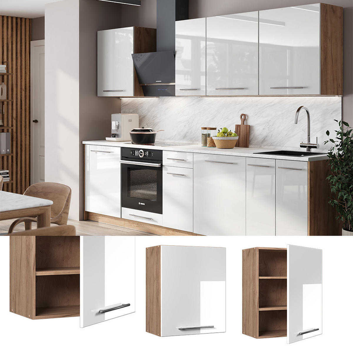 HÄNGESCHRANK Fame-Line, Weiß Hochglanz, 60 cm - Eichefarben/Weiß Hochglanz, Holzwerkstoff (60/72/34.1cm) - Vicco