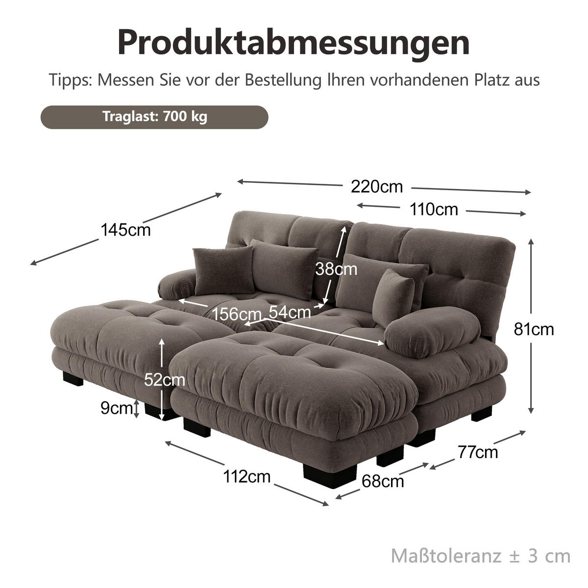 2-SITZER-SOFA DE-34065 modular mit 2 Ottomans Braun - Braun, Holz (145/81/220cm) - ComfortXL