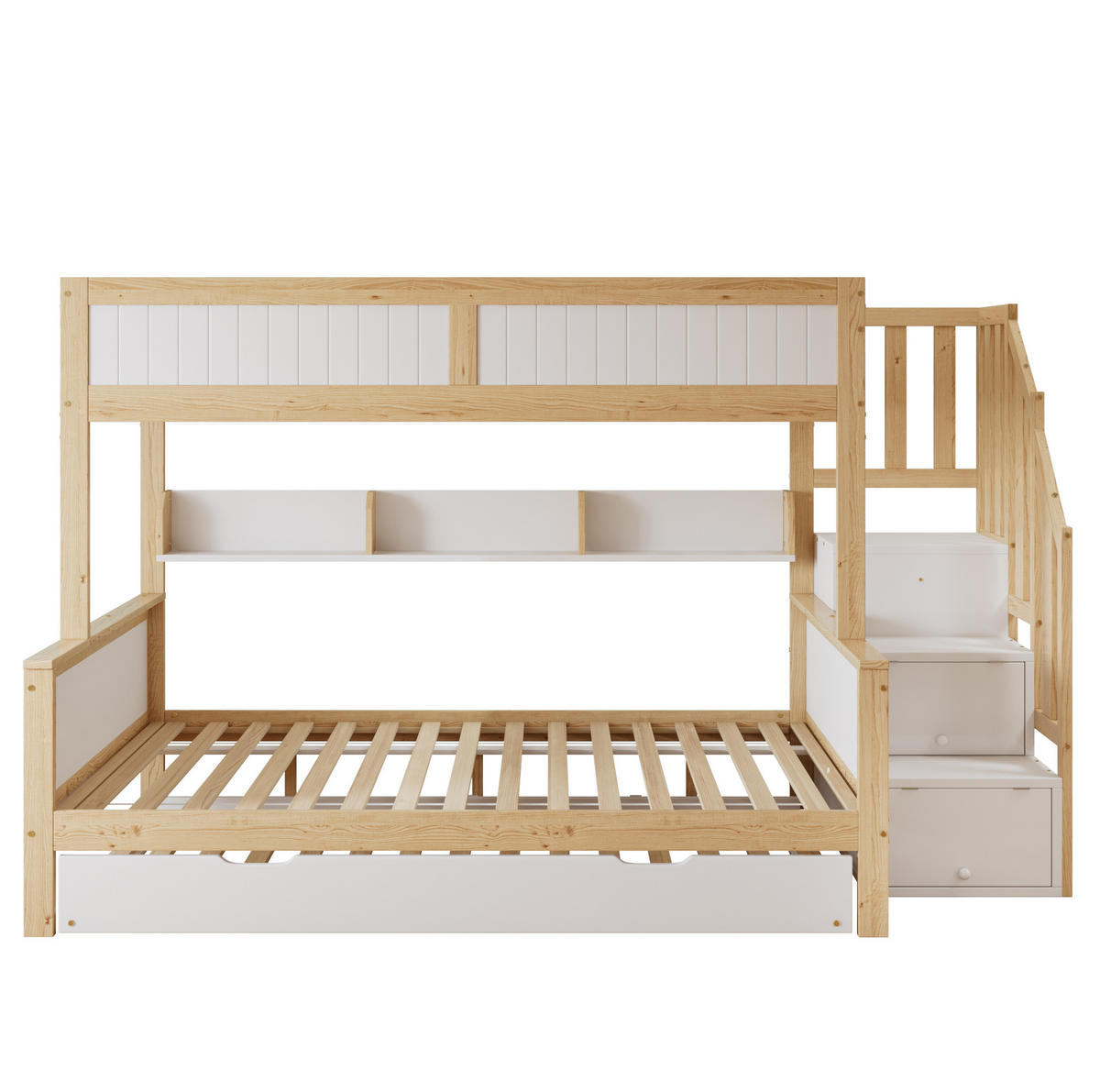 ETAGENBETT 90/200 cm & 120/200 cm mit Rollbett, Ecktreppe, Kleiderschrank und Fallschutz, Kiefer/MDF, Weiß/Natur - Weiß, Holzwerkstoff (90/200cm) - Redom