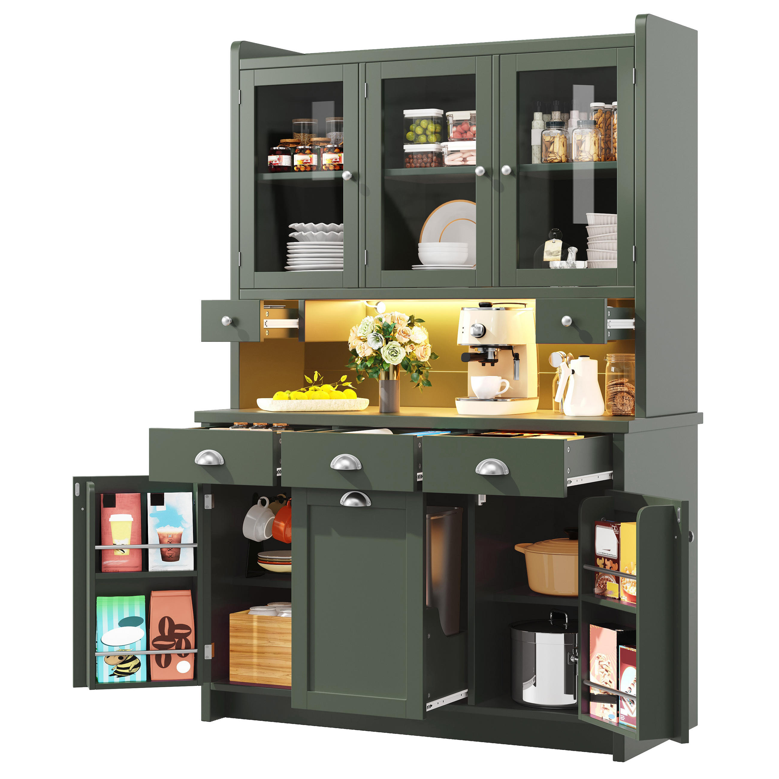 HIGHBOARD in Grün Buffet mit verstellbaren Regalen, Glastüren und LED, B120/T40/H180cm - Transparent/Grün, Glas/Holzwerkstoff (120/180/40cm) - STILVORA