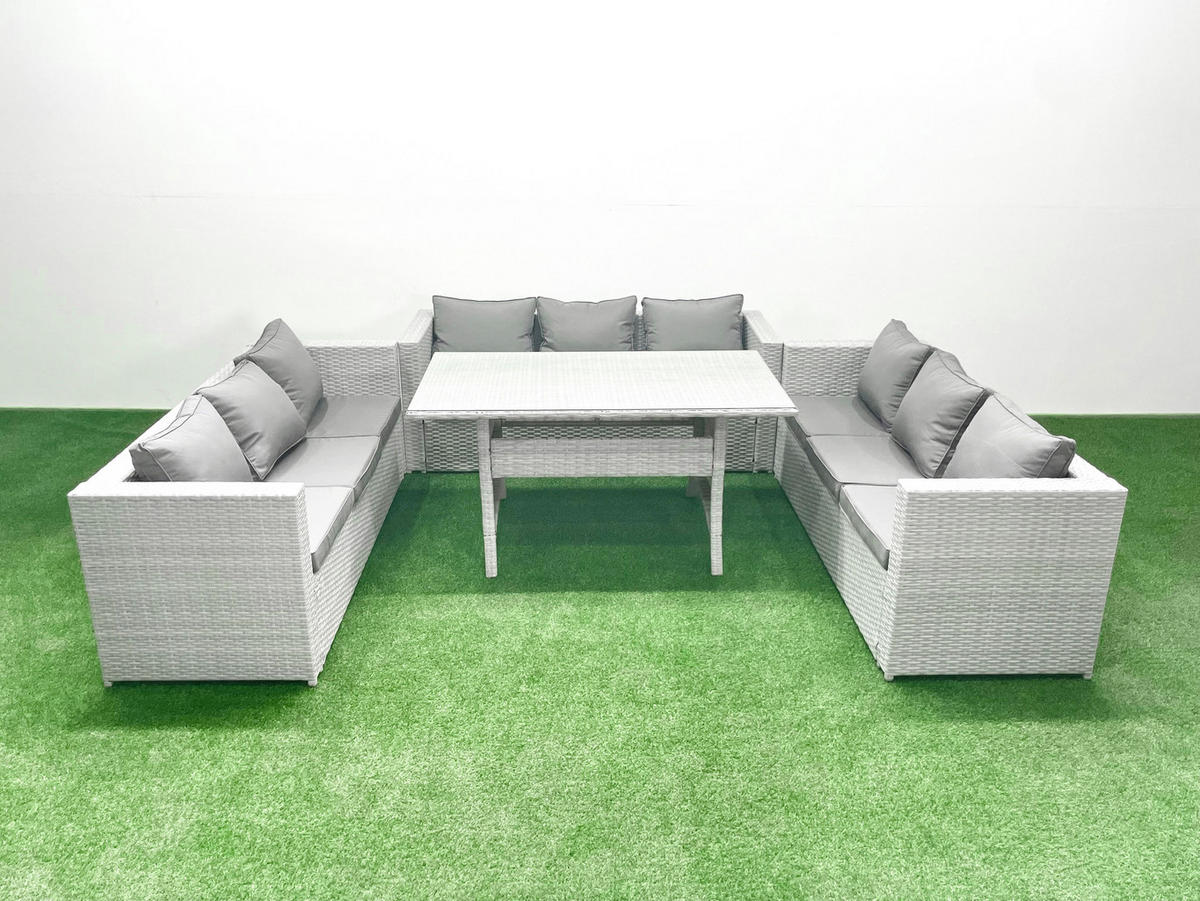 GARTENSET mit Esstisch,Sofa Polyrattan Hellgrau 9-Sitzer - Hellgrau/Grau, Glas/Kunststoff - Fimous