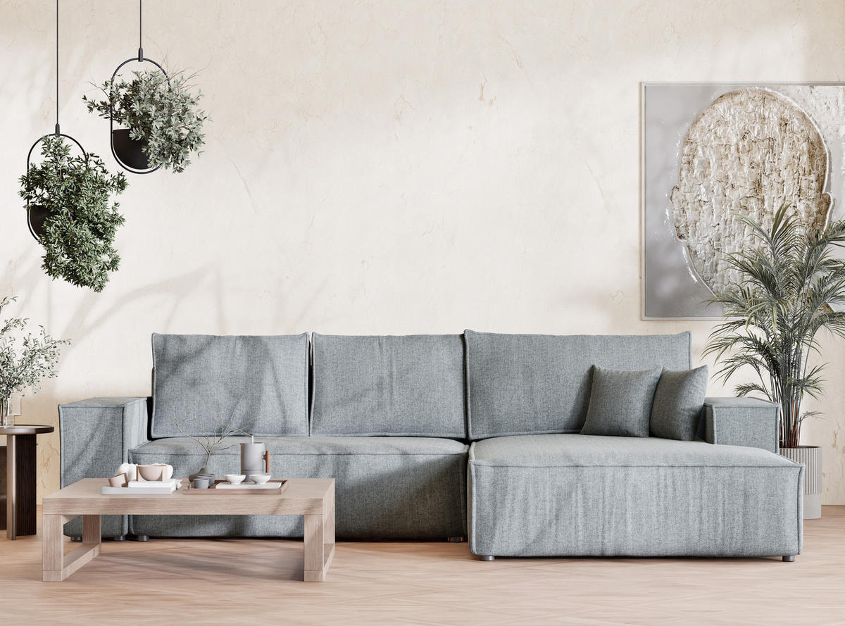 ECKSOFA Maze Blau grau Webstoff - Rechts Seite - Blaugrau/Schwarz, Holz/Holzwerkstoff (294/185cm) - Maison de Reve