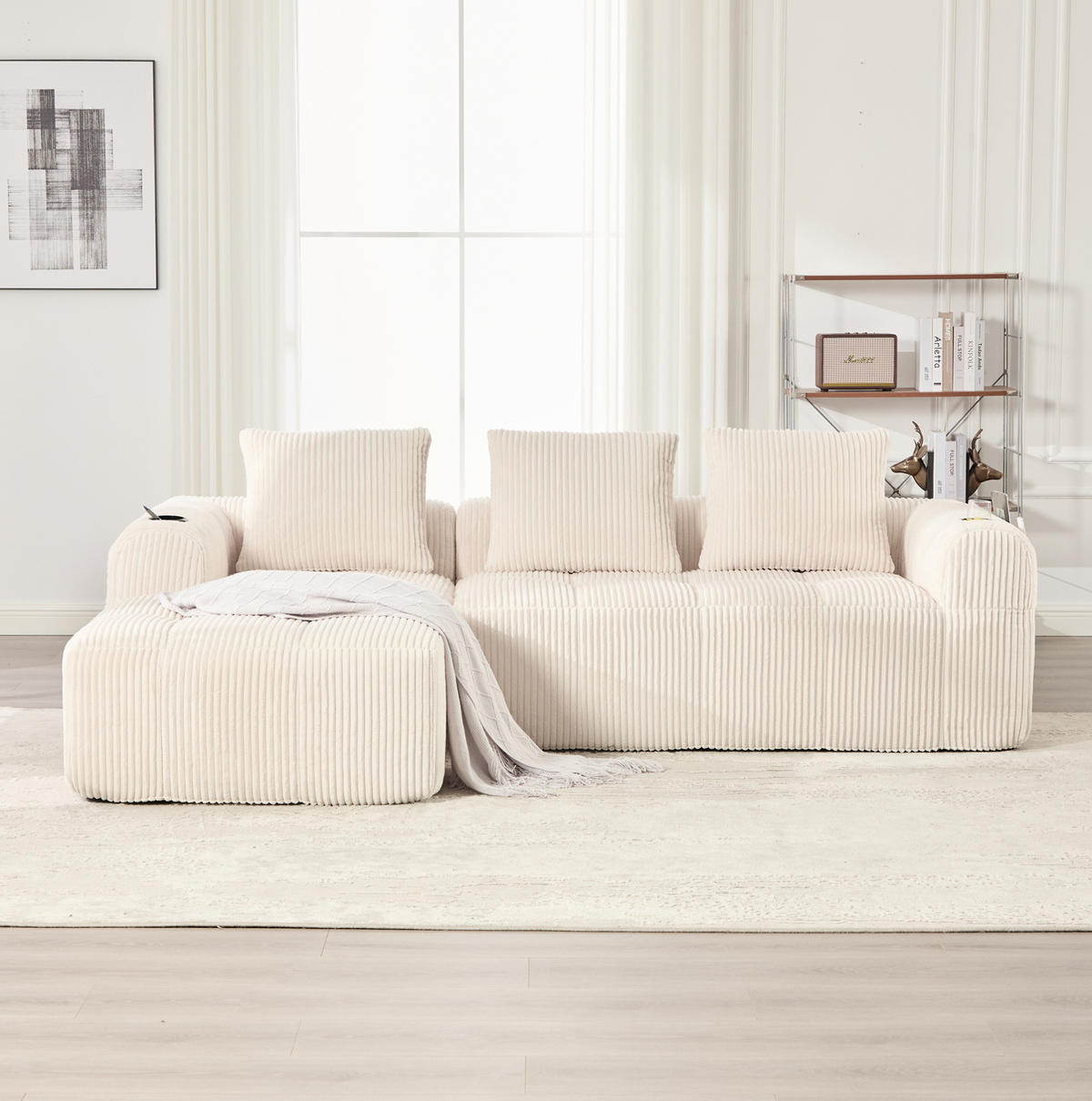 ECKSOFA aus Cord 253x158x61 cm in Beige mit Seitenfächern & Becherhaltern - Beige, Textil (158/253cm) - Modfu