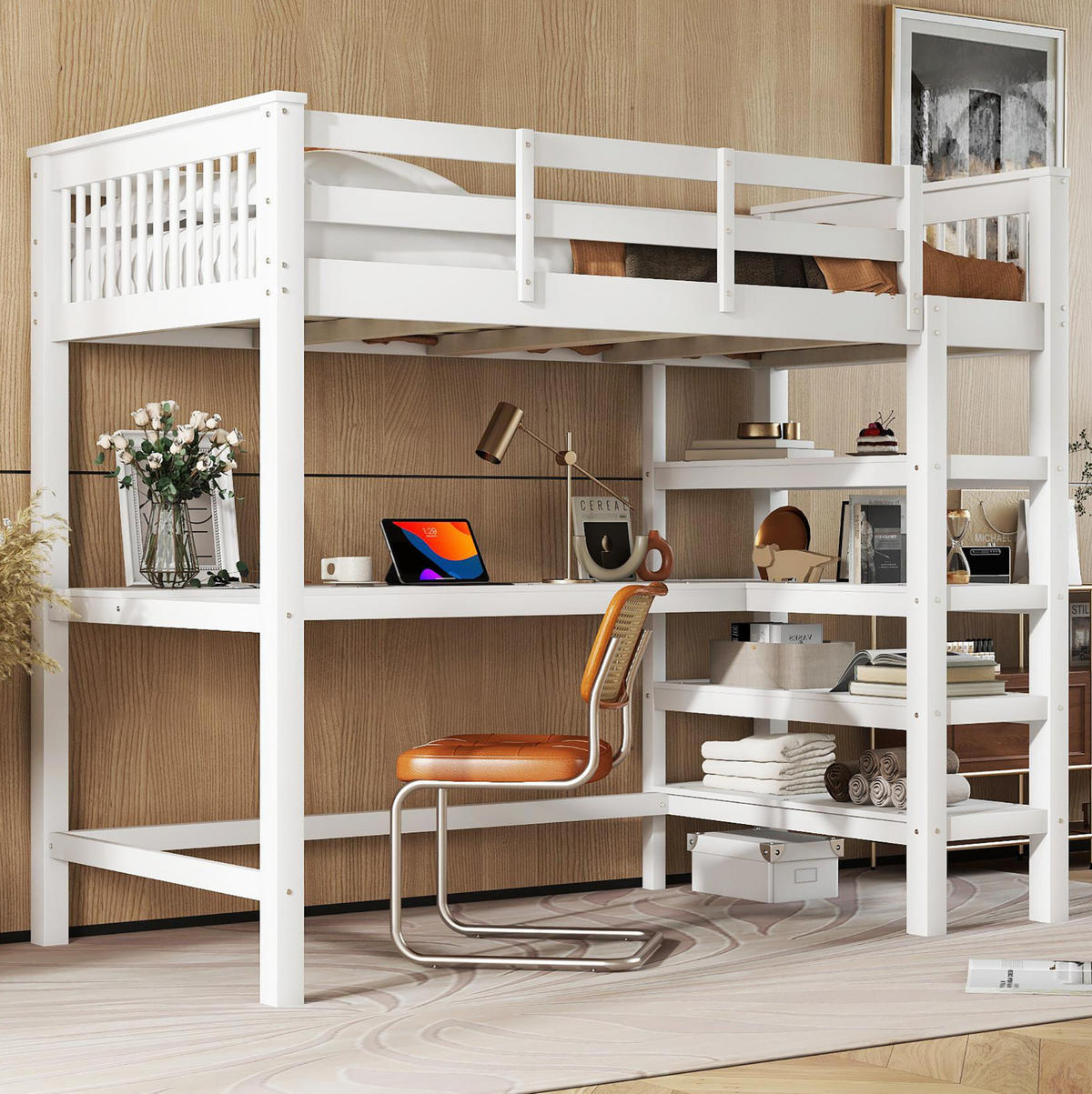 VISOKA postelja 90/200 cm bela s pisalno mizo in policami iz bora in MDF - bela, leseni material (90/200cm) - OKWISH
