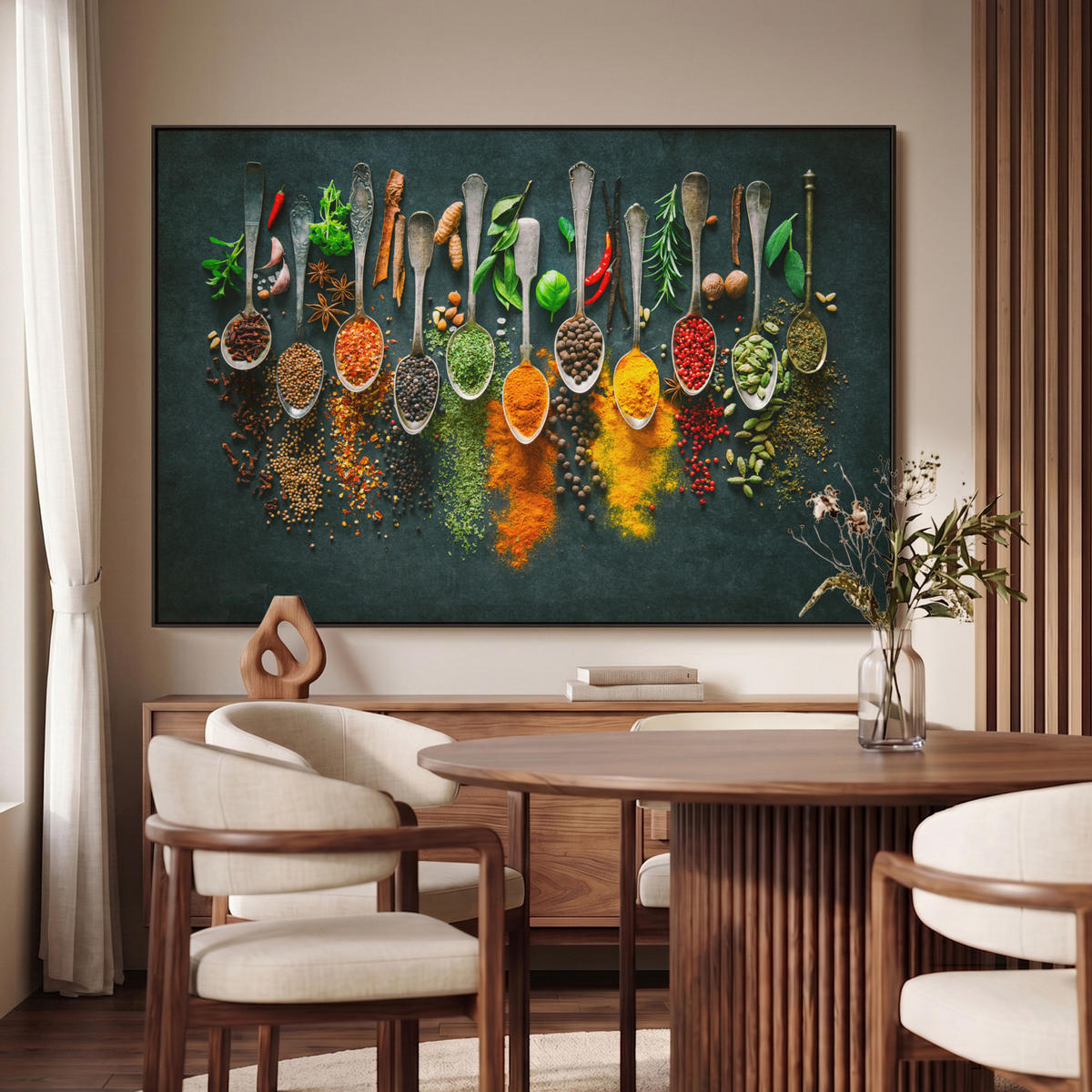 LEINWAND Bilder mit Rahmen - Kräuter - Gewürze - Löffel - 120x80 - Currygelb, Textil (120/80cm) - MuchoWow