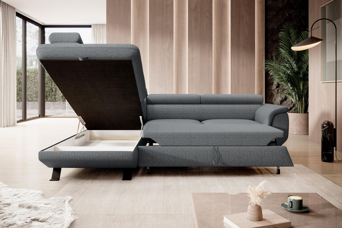 ECKSOFA RAVEN L mit Schlaffunktion und Bettkasten, Freistehend, Polstersofa mit Verstellbaren Kopfstützen, 257x198x96 cm, Linke, Grau - Grau, Holz/Textil (198/256cm) - DomoHome