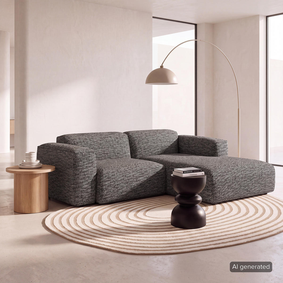 ECKSOFA mit XL-Longchair - Schwarz/Grau, Kunststoff/Textil (260/171cm) - home24