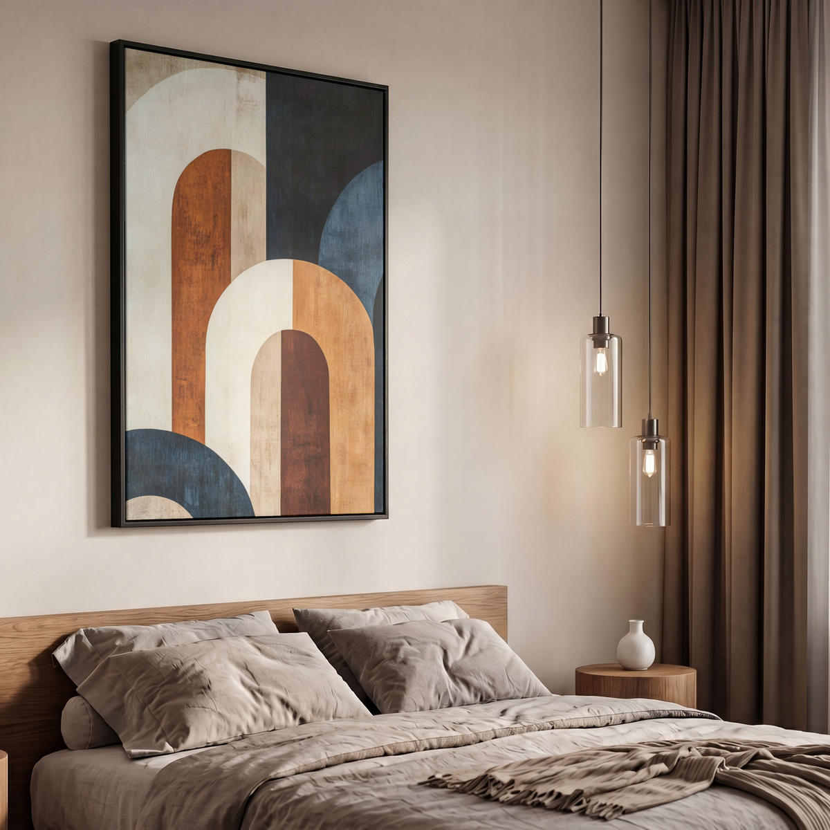 LEINWAND Bilder mit Rahmen - Abstrakt - Formen - Dunkelblau - 60x90 - Cognac, Textil (60/90cm) - MuchoWow