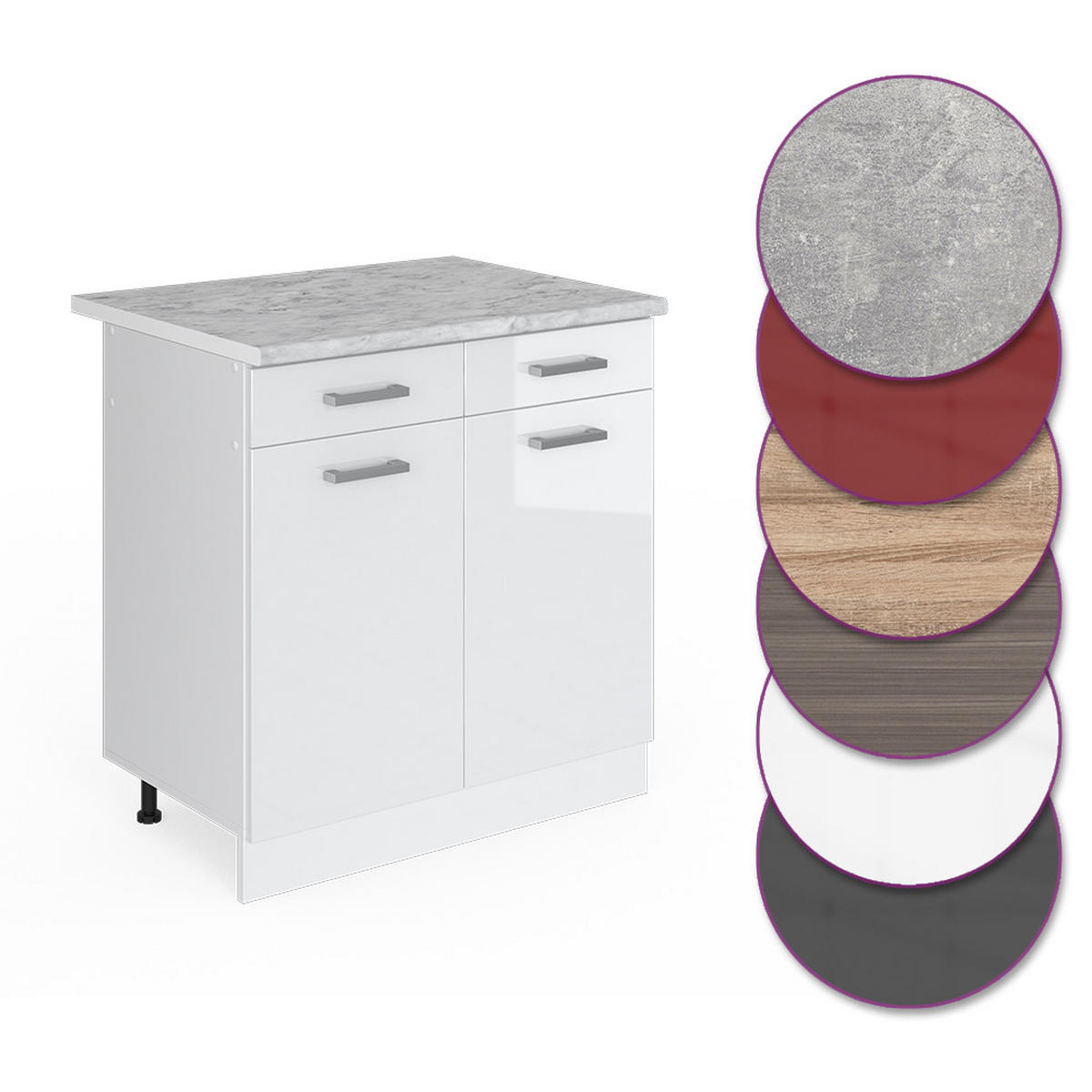 KÜCHENUNTERSCHRANK R-Line Weiß Hochglanz 80 cm, AP Marmor - Weiß Hochglanz/Weiß, Holzwerkstoff (80/81.6/60cm) - Vicco