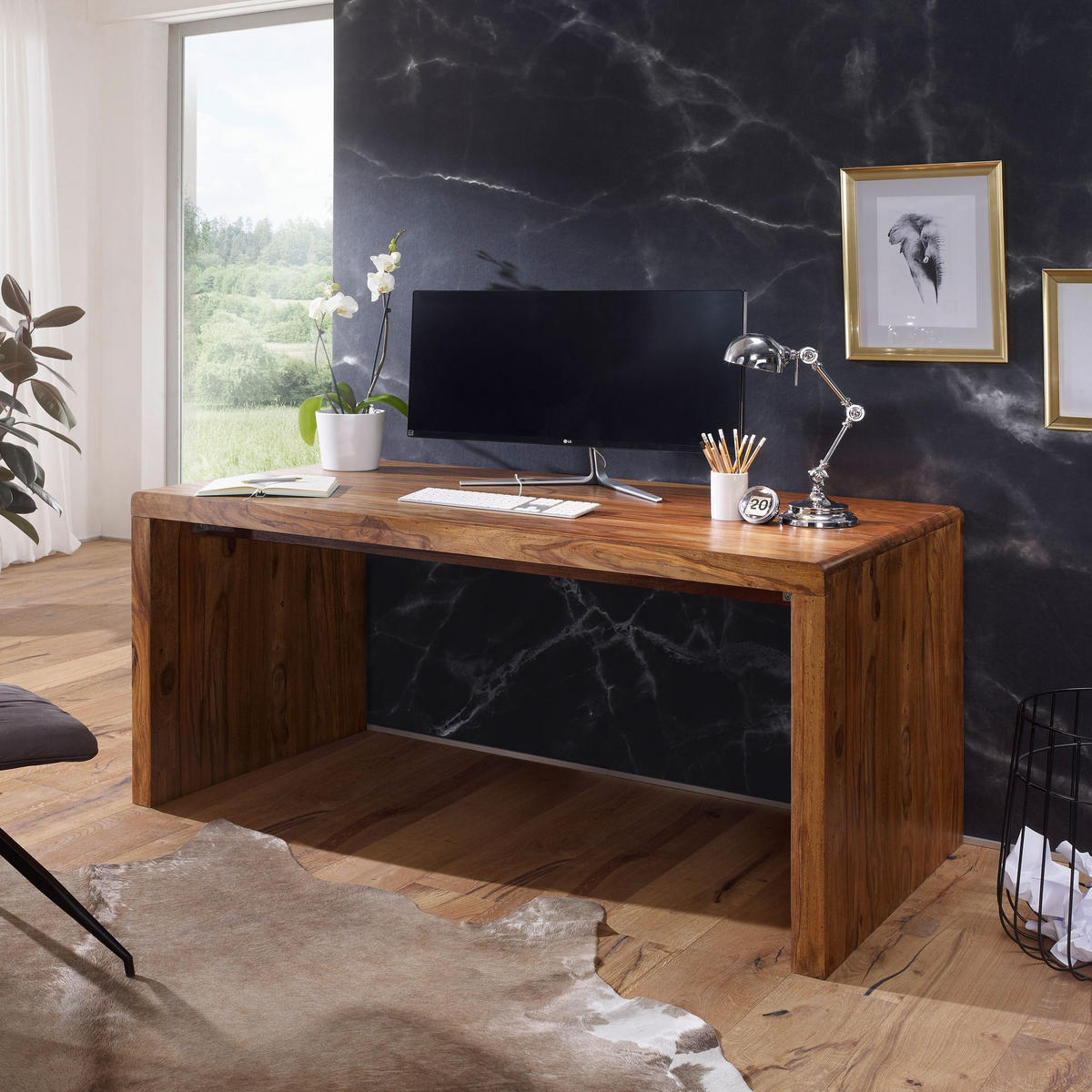 SCHREIBTISCH IDRIS Sheesham - Braun, Holz (90/180/76cm) - tinkaro