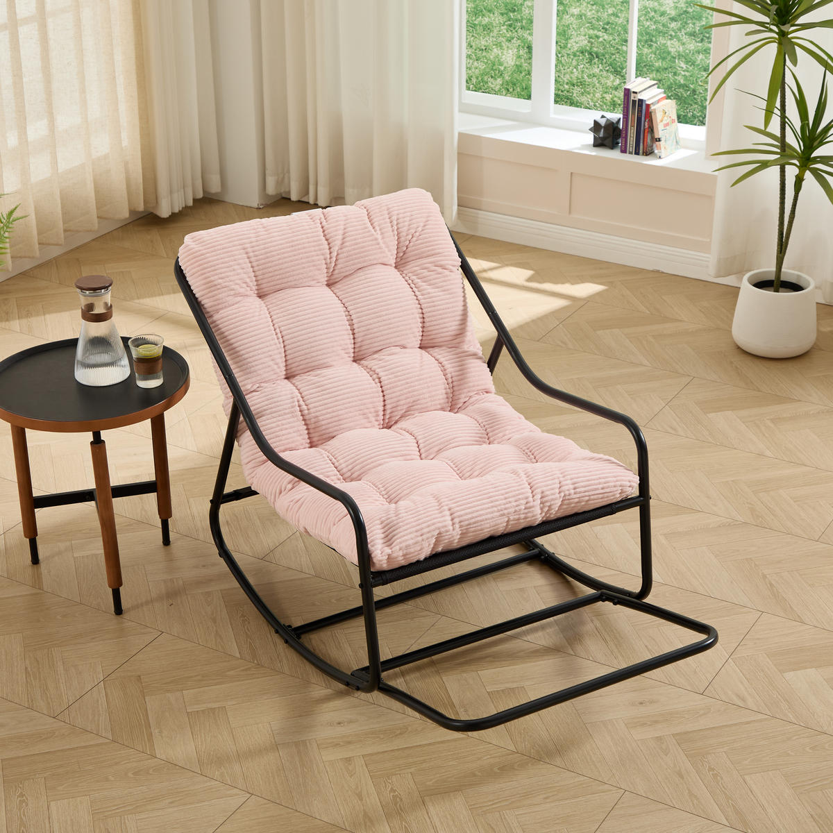 SCHAUKELSTUHL mit Dickem Kissen und Beinablage Rosa Metallrahmen für Garten Balkon Wohnzimmer - Pink, Metall (75/82/116cm) - PARAFTA HOME