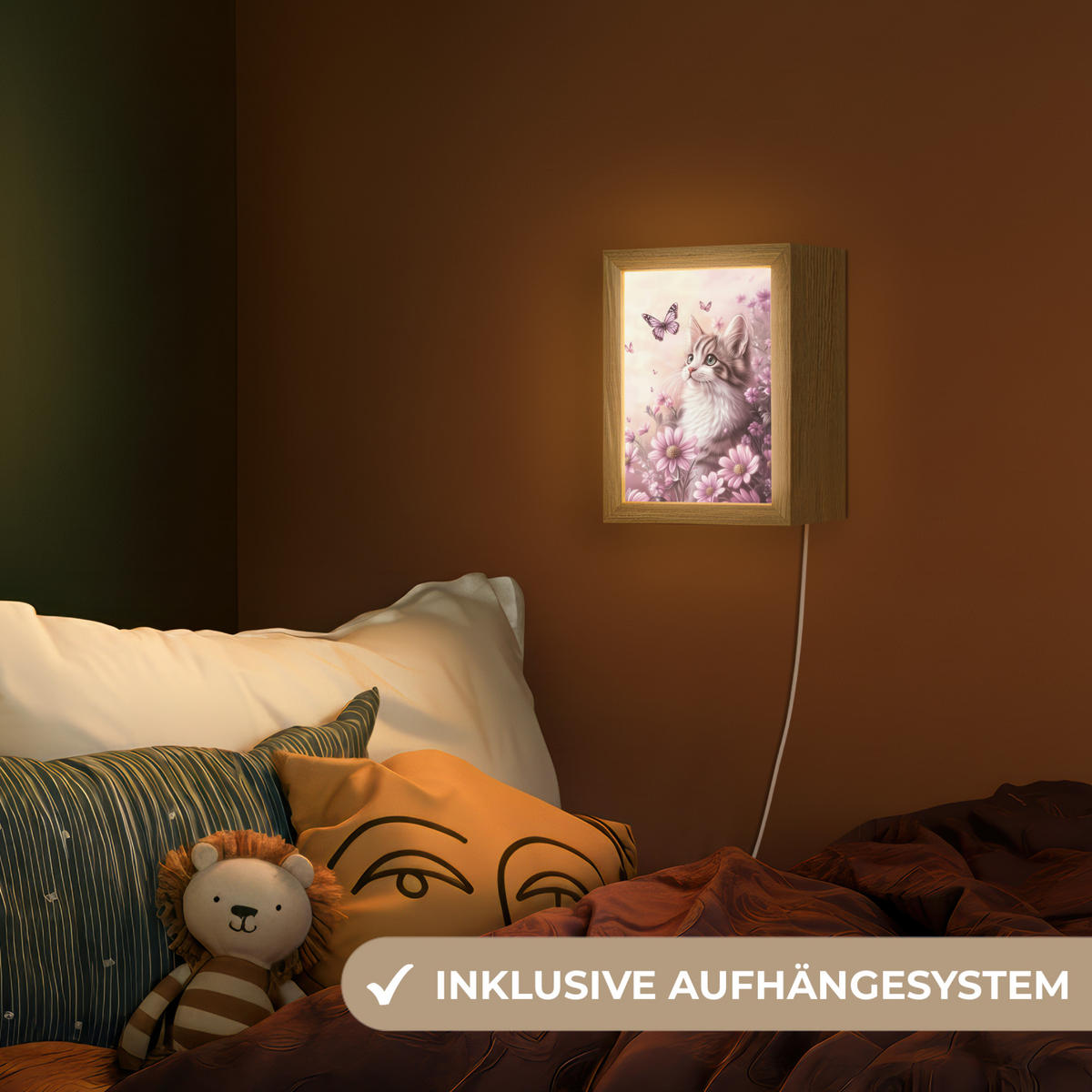 NACHTTISCHLAMPE Kätzchen - Blumen - Schmetterlinge - Lila 15x20 cm - Altrosa, Holzwerkstoff (8/15/20cm)