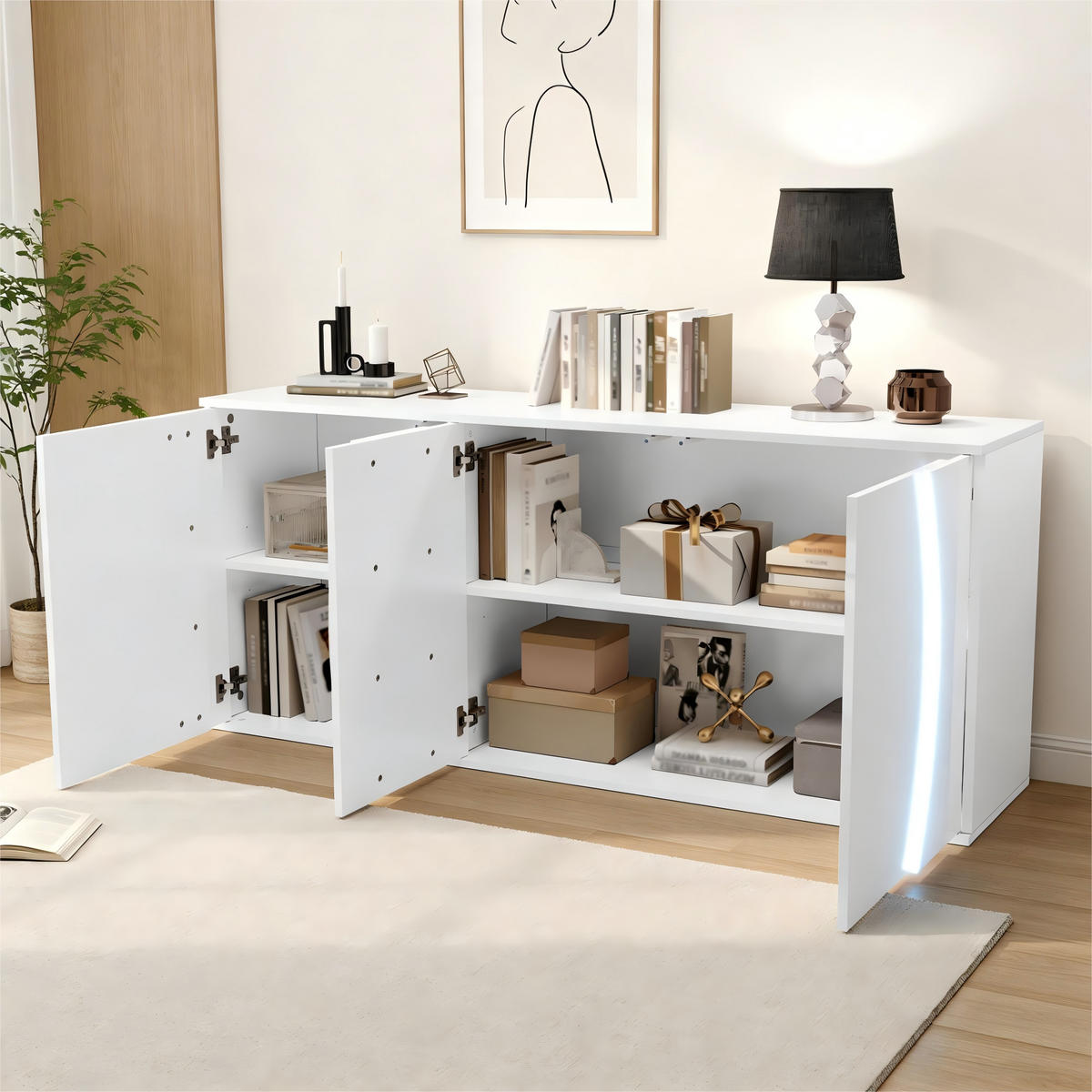 SIDEBOARD aus Spanplatte 150x40x70 cm Weiß mit LED-Beleuchtung, 3 Türen und verstellbaren Einlegeböden - Weiß, Holzwerkstoff (150/70/40cm) - Modfu
