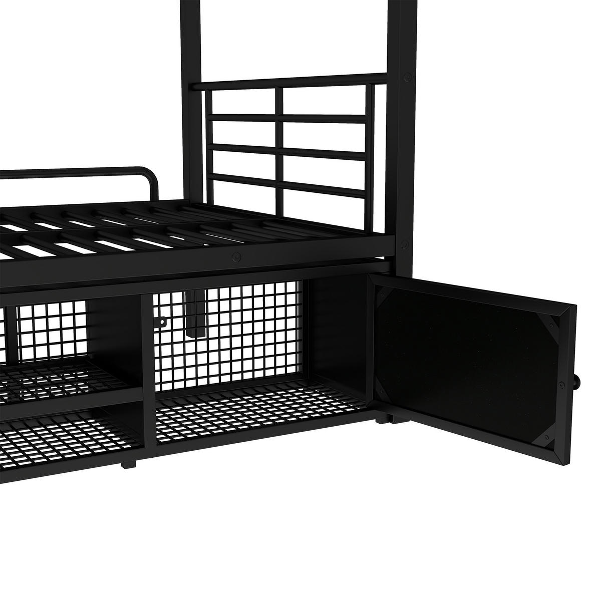 HOCHBETT 90/200 mit Schuhablage, Doppeltürschrank und Seitenleiter in Schwarz - Schwarz, Metall (90/200cm) - EVRYAE