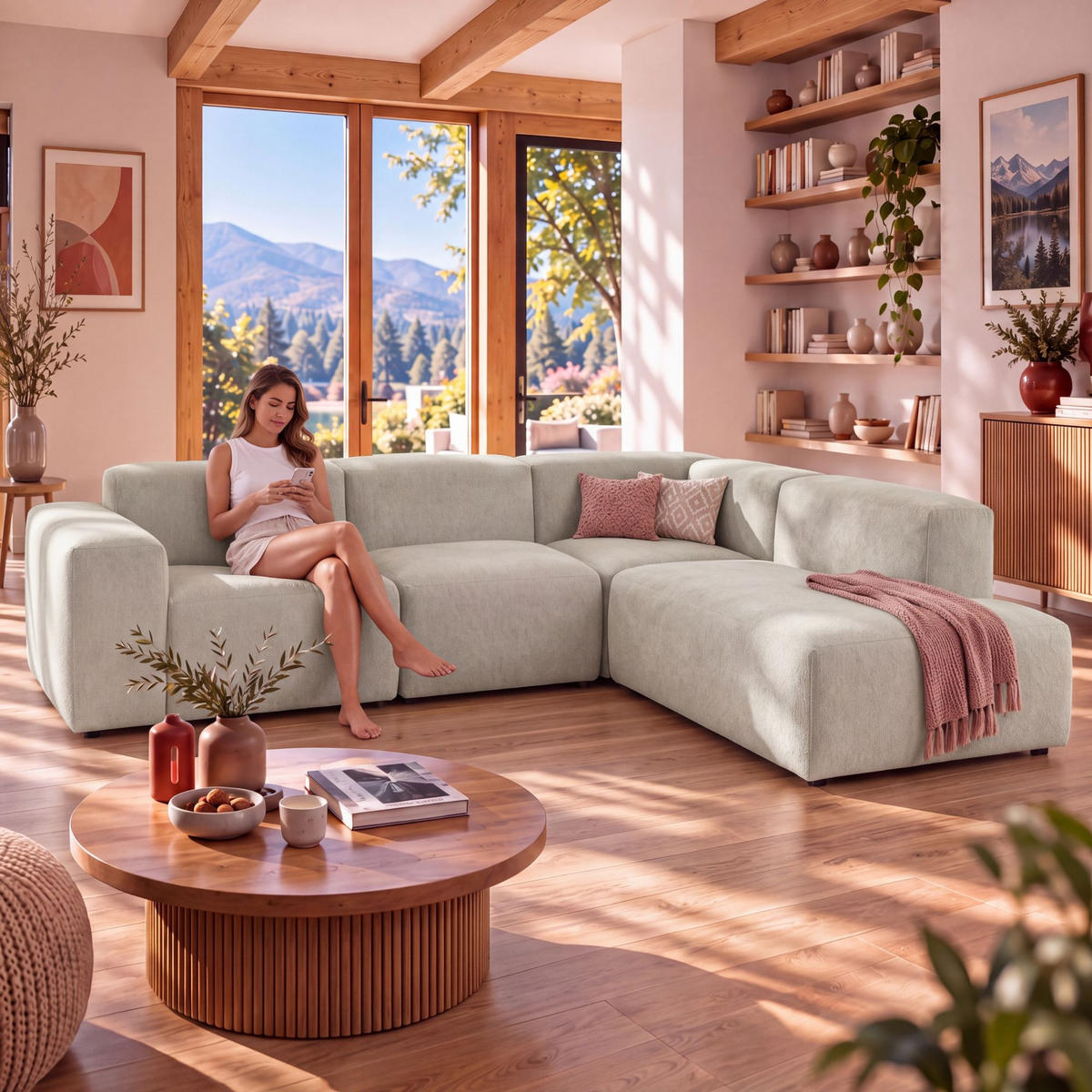 4-SITZER modulares Ecksofa HEAVEN SET 2 Rechts, Breite 300 cm Webstoff Olivgrün - Schwarz/Olivgrün, Holz/Kunststoff (245/300cm) - Muffo
