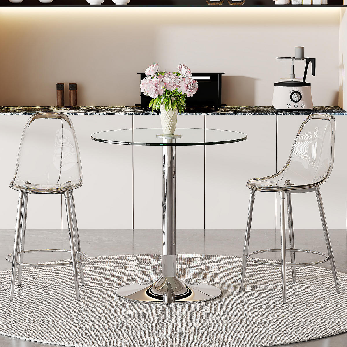 BARTISCH-SET DE-39404 3-teilig, Glastisch und 2 Hocker Silber - Silberfarben, Metall (89/92/89cm) - ComfortXL