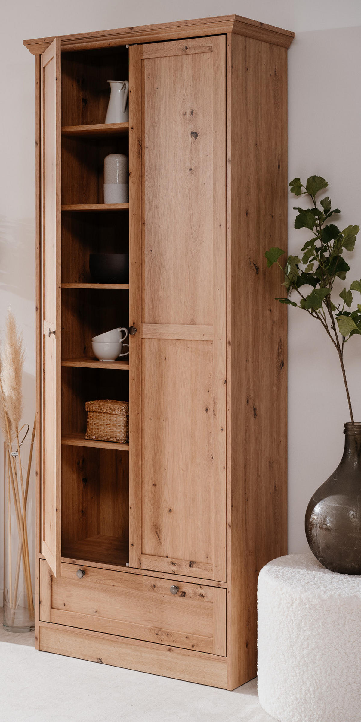 MEHRZWECKSCHRANK Eiche Artisan 80 cm Landhaus, Schrank mit viel Stauraum - Eichefarben/Silberfarben, Holzwerkstoff/Metall (80/200/39cm) - Furn.Design