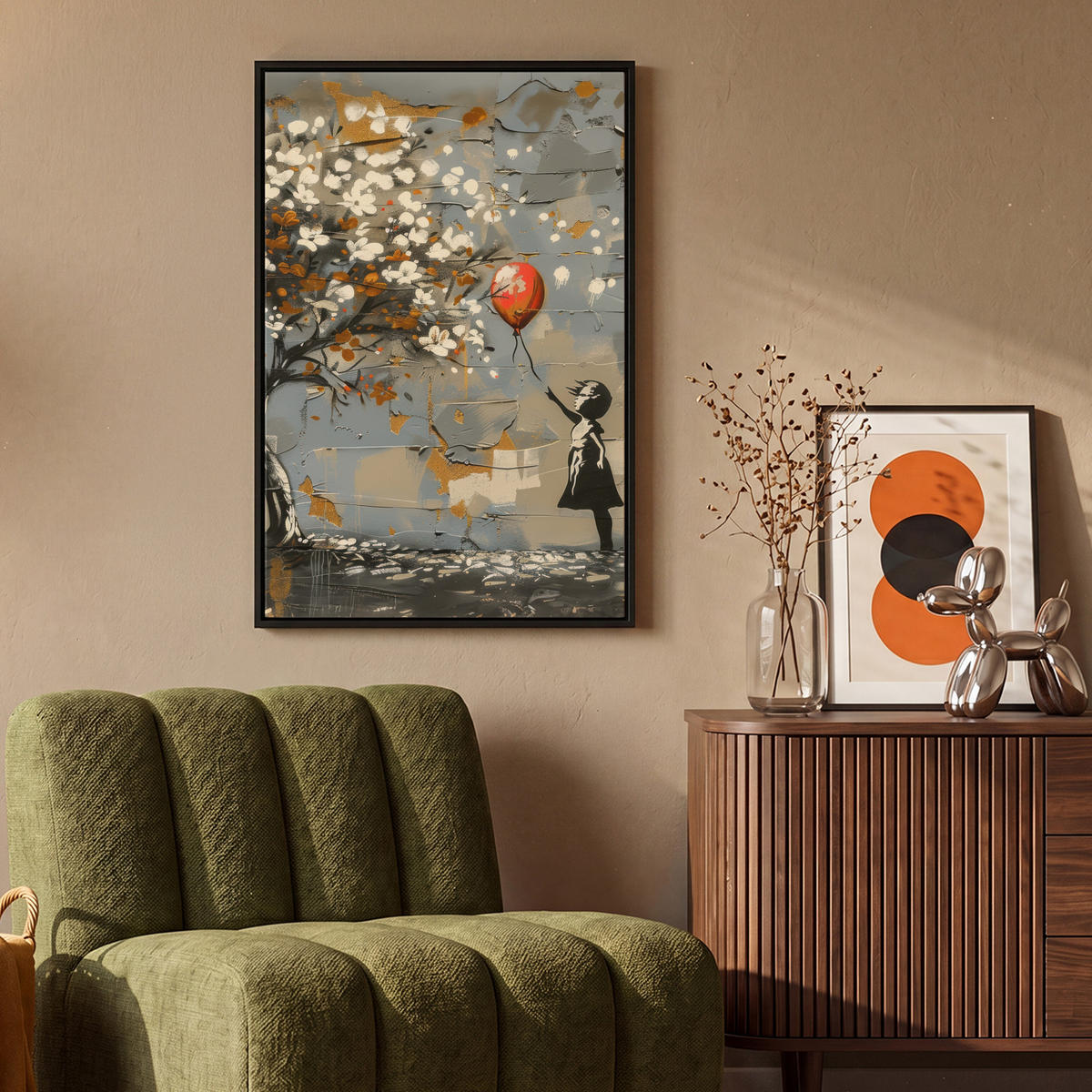 LEINWAND Bilder mit Rahmen - Baum - Graffiti - Banksy-Stil - Ballon-Mädchen - 60x90 - Blaugrau, Textil (60/90cm) - MuchoWow