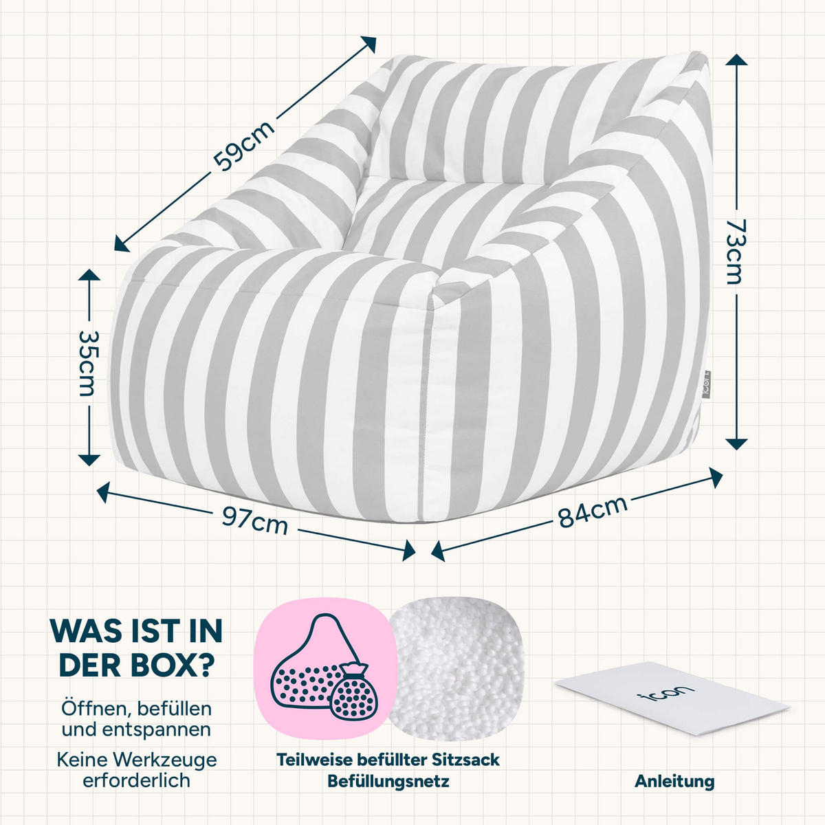 SITZSACK Sessel Natalia Streifen - Taupe, Textil (97/73/84cm) - icon