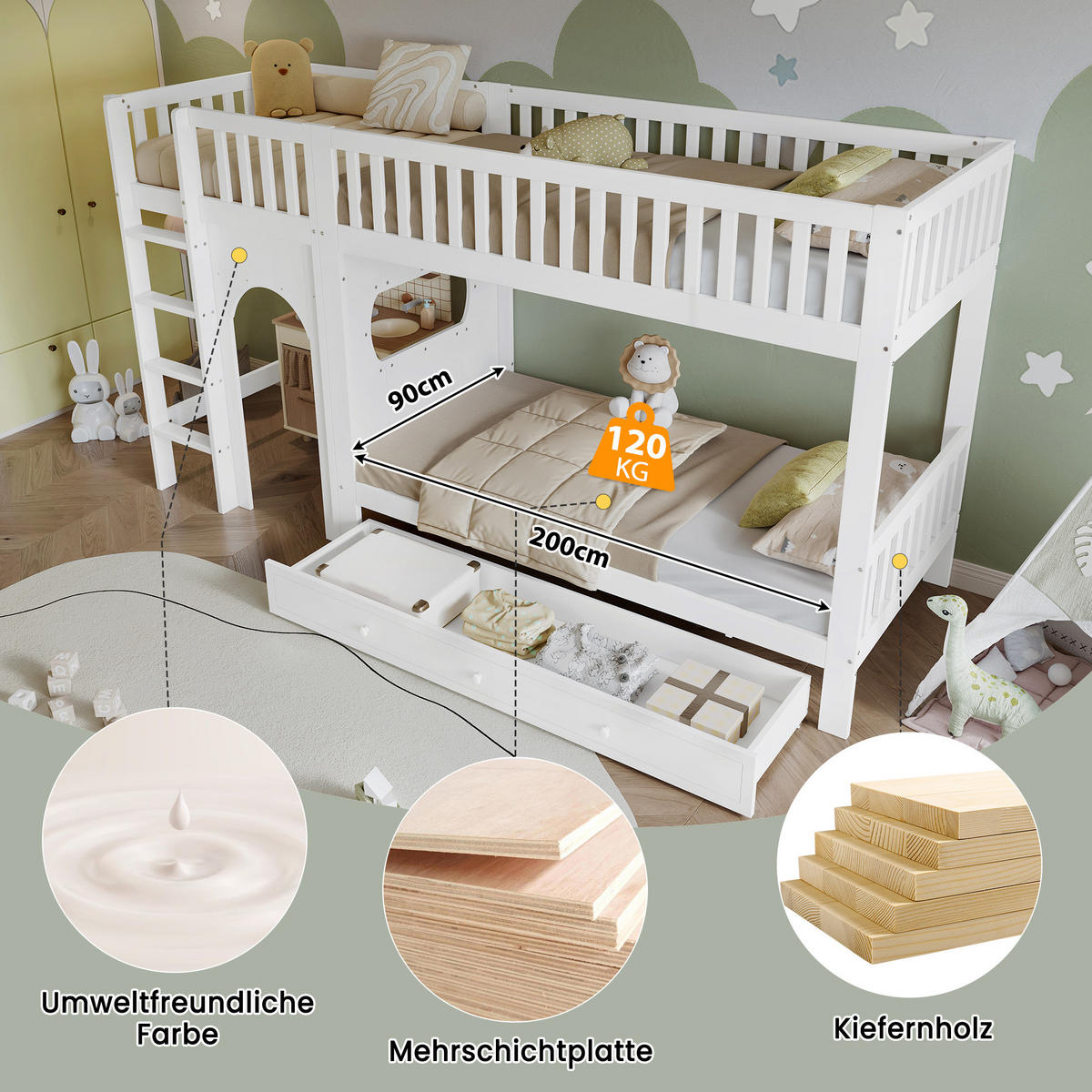 PATROVÁ postel 90/200 cm bílá a přírodní z masivního dřeva a MDF s rovnými schody a zábranami - bílá, dřevo (90/200cm) - OKWISH
