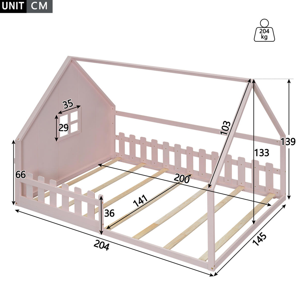 HAUSBETT aus Kiefer und MDF 140x200 cm Rosa mit Hausrahmen und Sicherheitsgeländer - Rosa, Holzwerkstoff (140/200cm) - Modfu