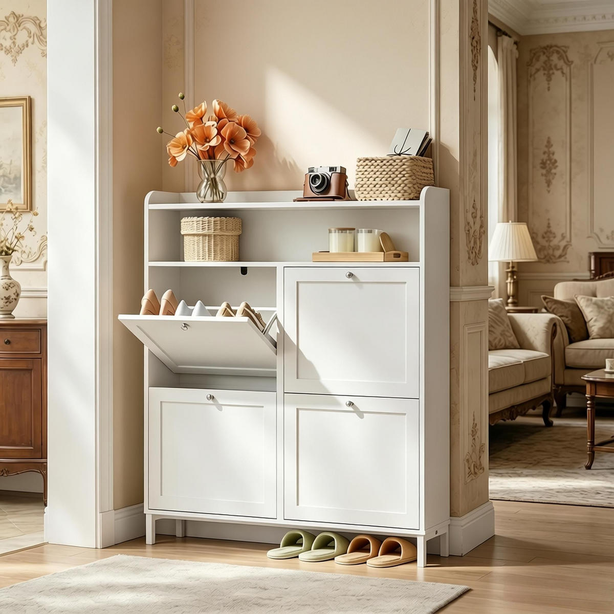 SCHUHKIPPER DE-38079 100/19,5/107 cm mit 4 Klappfächern Weiß - Weiß, Holzwerkstoff (100/107/19.5cm) - ComfortXL