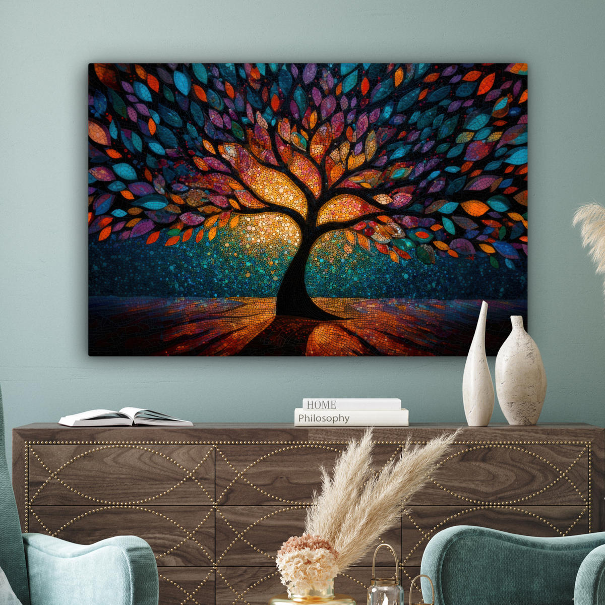 LEINWANDBILD Mosaik - Bunt - Baum - Äste Groß 140x90 cm - Multicolor, Textil (140/90cm) - MuchoWow