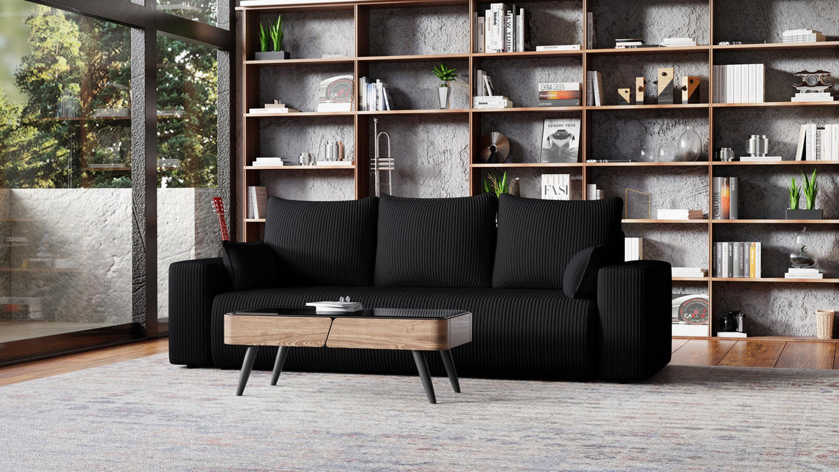 SOFA Bubi mit Bettkasten und Schlaffunktion, Cordstoff - Schwarz, Holzwerkstoff (242/85/95cm)