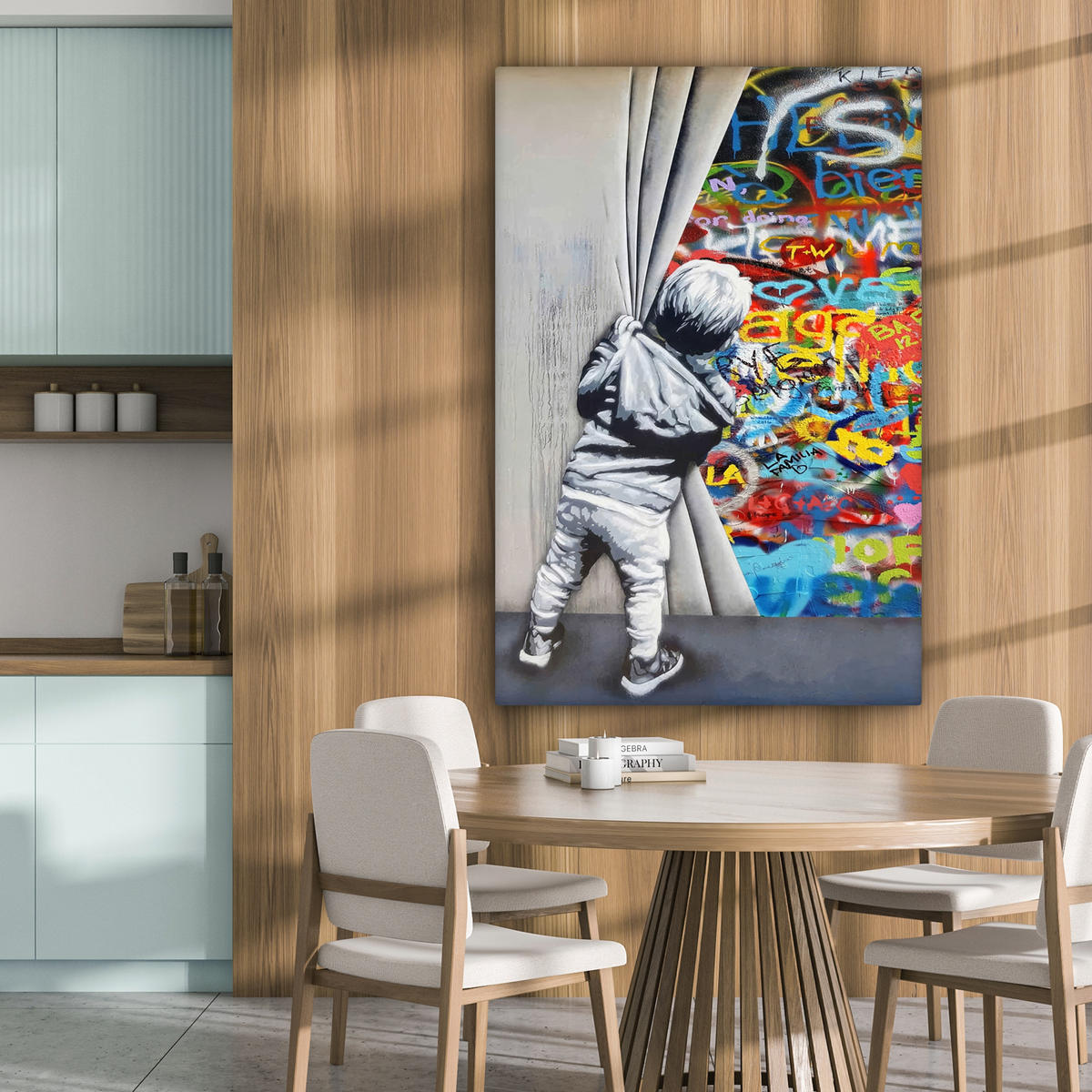LEINWANDBILD Graffiti - Junge - Ilussie - Straßenkunst 90x140 cm - Hellgrau, Textil (90/140cm) - MuchoWow