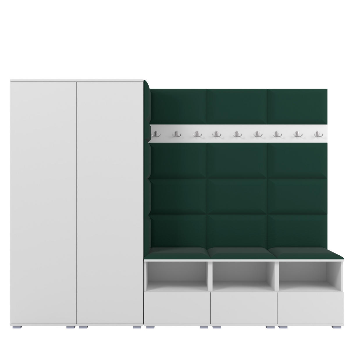 GARDEROBE NELA VII 250 cm (Modulare Flurmöbel XL Weiß mit Sitzpolster Flaschengrün 28 2 Schränke) - Dunkelgrün/Silberfarben, Holz/Holzwerkstoff (250/187/40cm) - Ravio