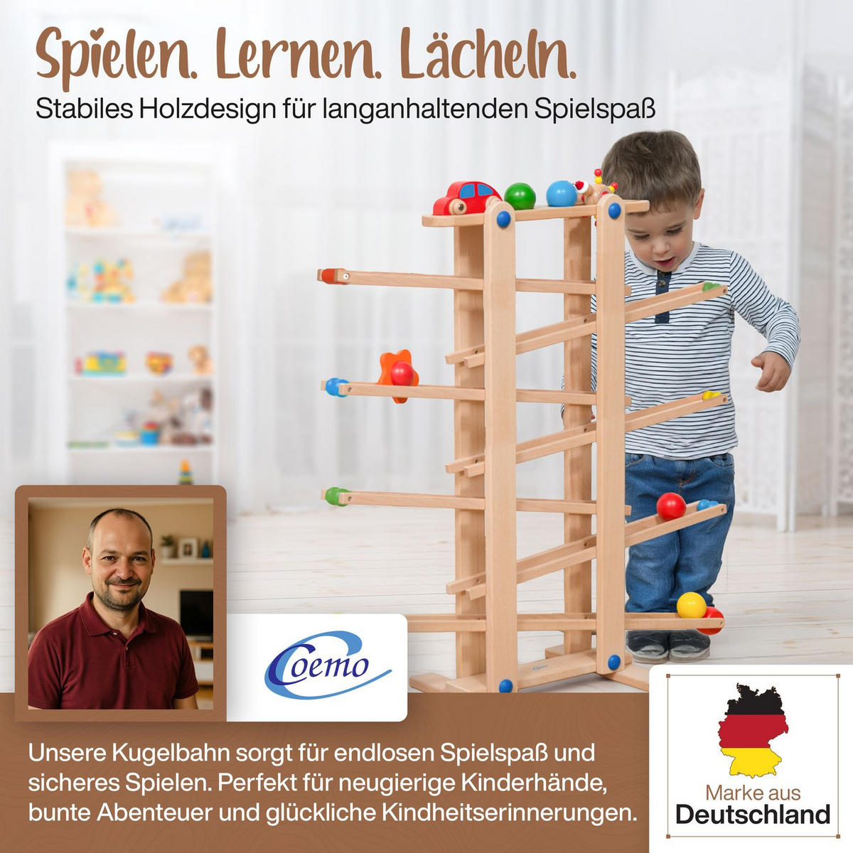 KUGELBAHN XL Holz Natur mit 7 Roll Elementen - Naturfarben, Holz (26/70cm) - Coemo