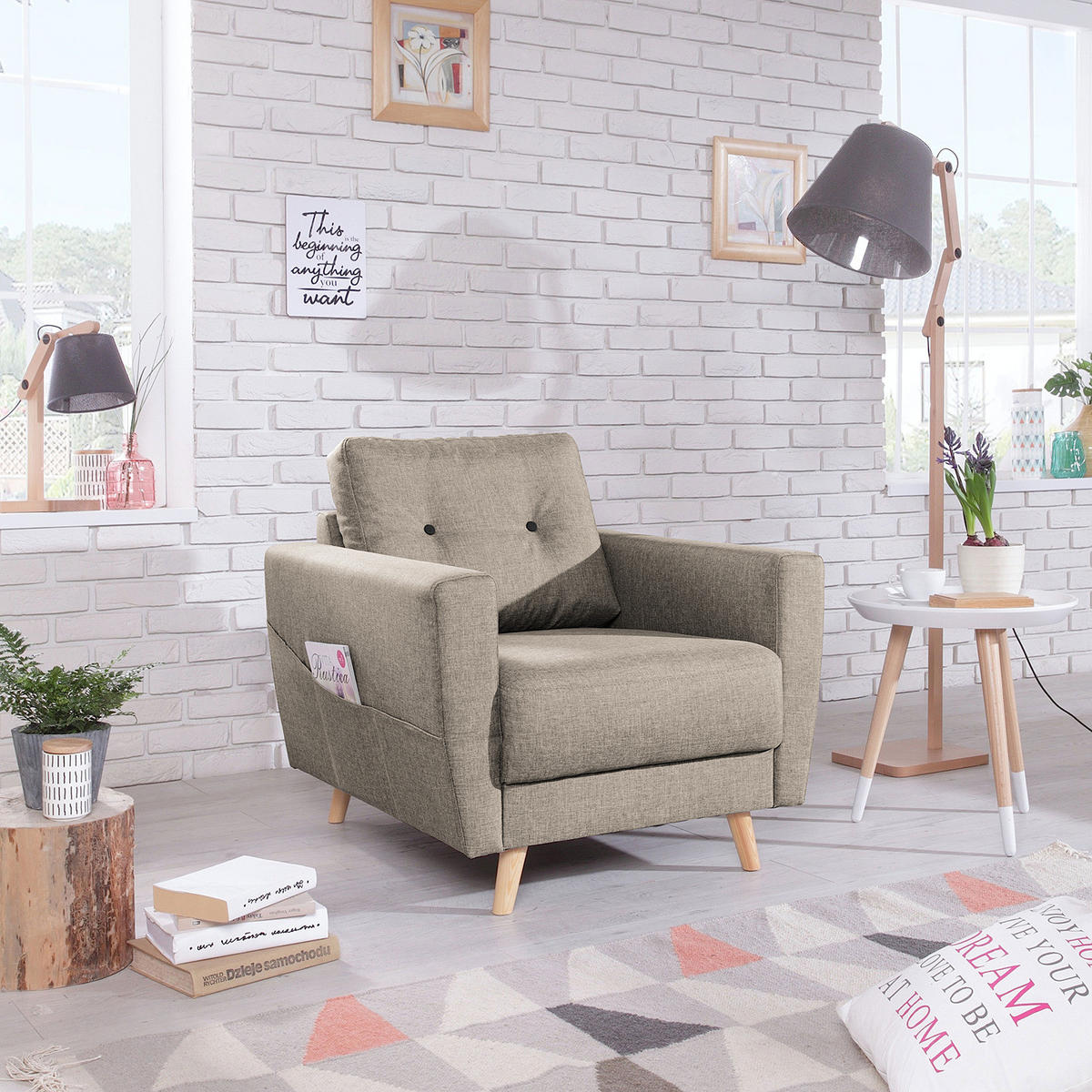 SESSEL - Webstoff - Hellbraun/Cappuccino, Holz/Textil (80/90/87cm) - home24