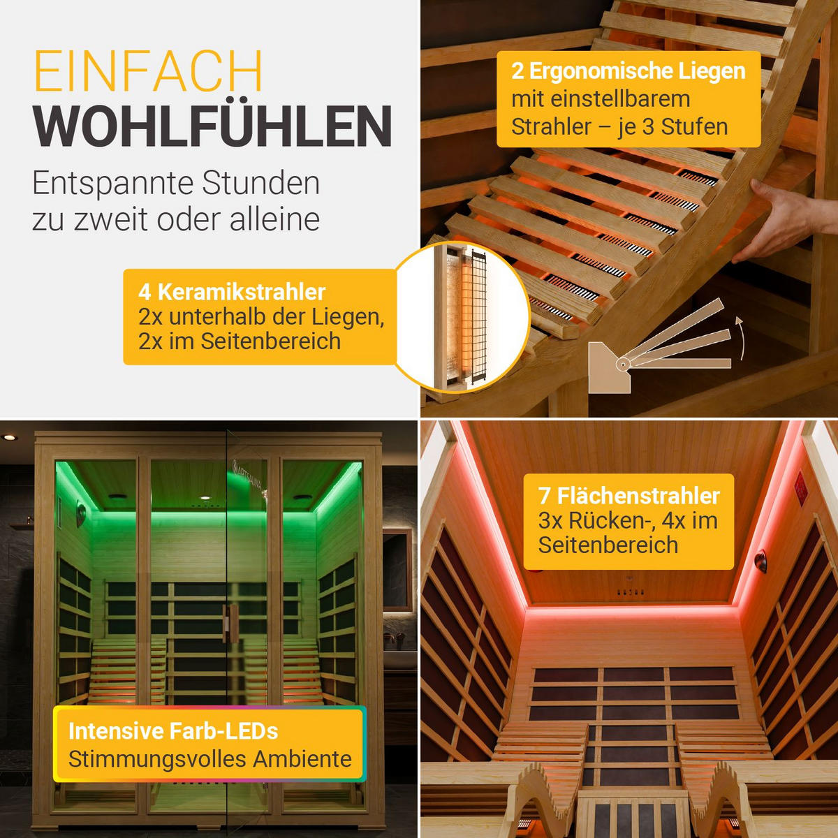 INFRAROTKABINE Billund mit Dual-Heizsystem & Hemlockholz - Naturfarben, Holz (170/190/190cm) - Artsauna