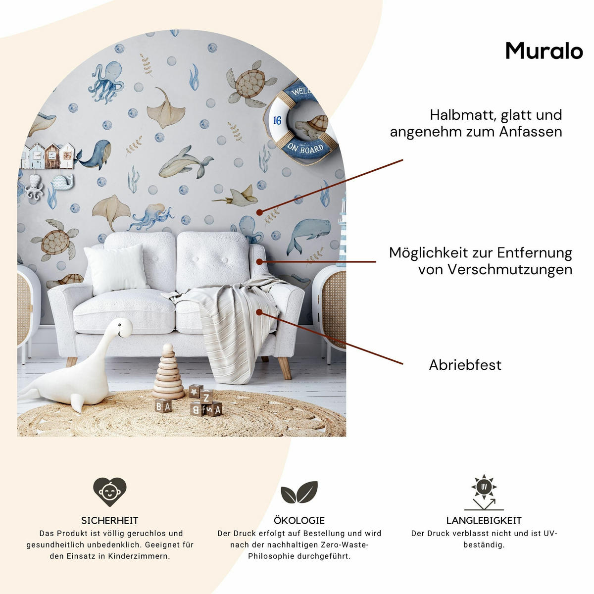 WANDAUFKLEBER SET für Kinder Meerestiere Pflanzen 120x60 - Beige/Braun, Papier (120/60/1cm) - Muralo