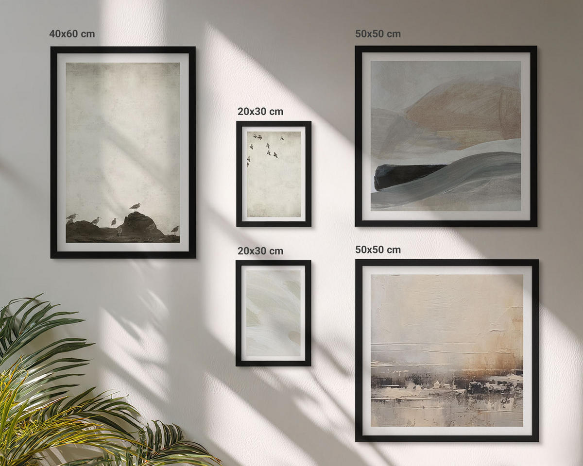 WANDBILDER 5er-Set - 50x50 cm & 20x30 cm & 40x60 cm Schwarzer Rahmen - Vögel, Steine, Pinselstriche, Verzierungen - Schwarz, Kunststoff (40/60cm) - ArtPrintCave
