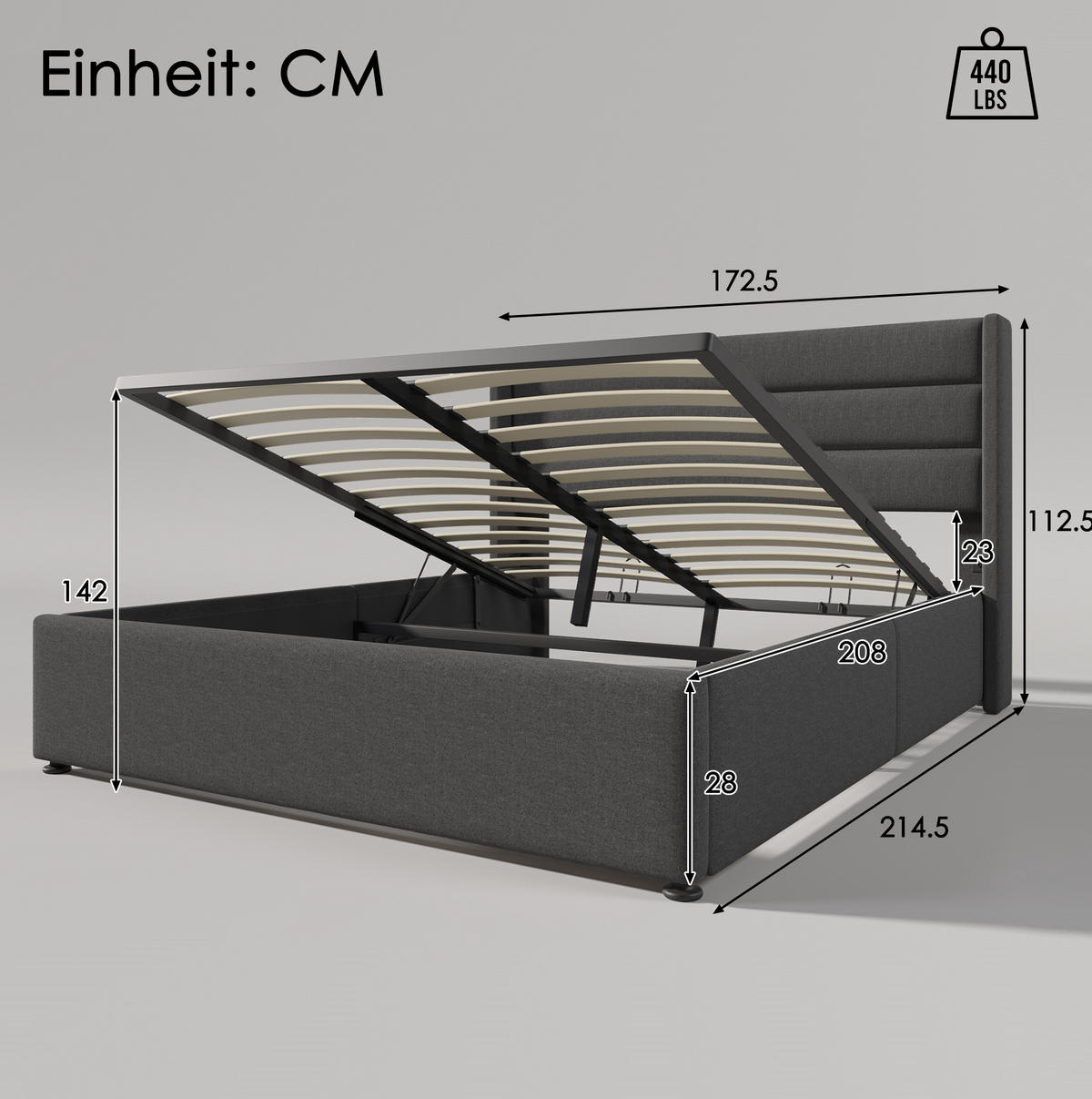 POLSTERBETT 160/200 cm Grau mit hydraulischem Stauraum und Matratze - Grau, Textil (160/200cm) - OKWISH