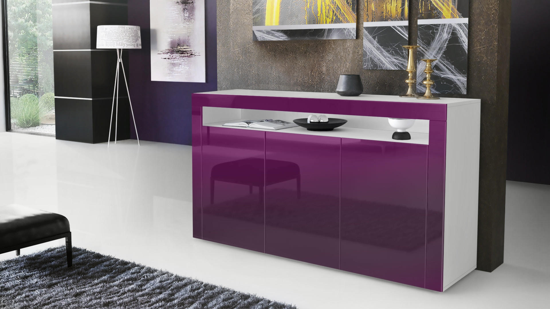 SIDEBOARD Valencia Brombeer Hochglanz / Brombeer Hochglanz - Brombeere, Holzwerkstoff (155/92/40cm) - Vladon