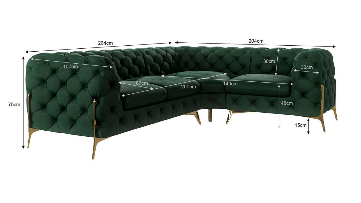 ECKSOFA Chesterfield Lexi Flasche Grün Samt, Ottomane rechts - Smaragdgrün/Goldfarben, Holz/Textil (264/204cm) - S-Style Möbel