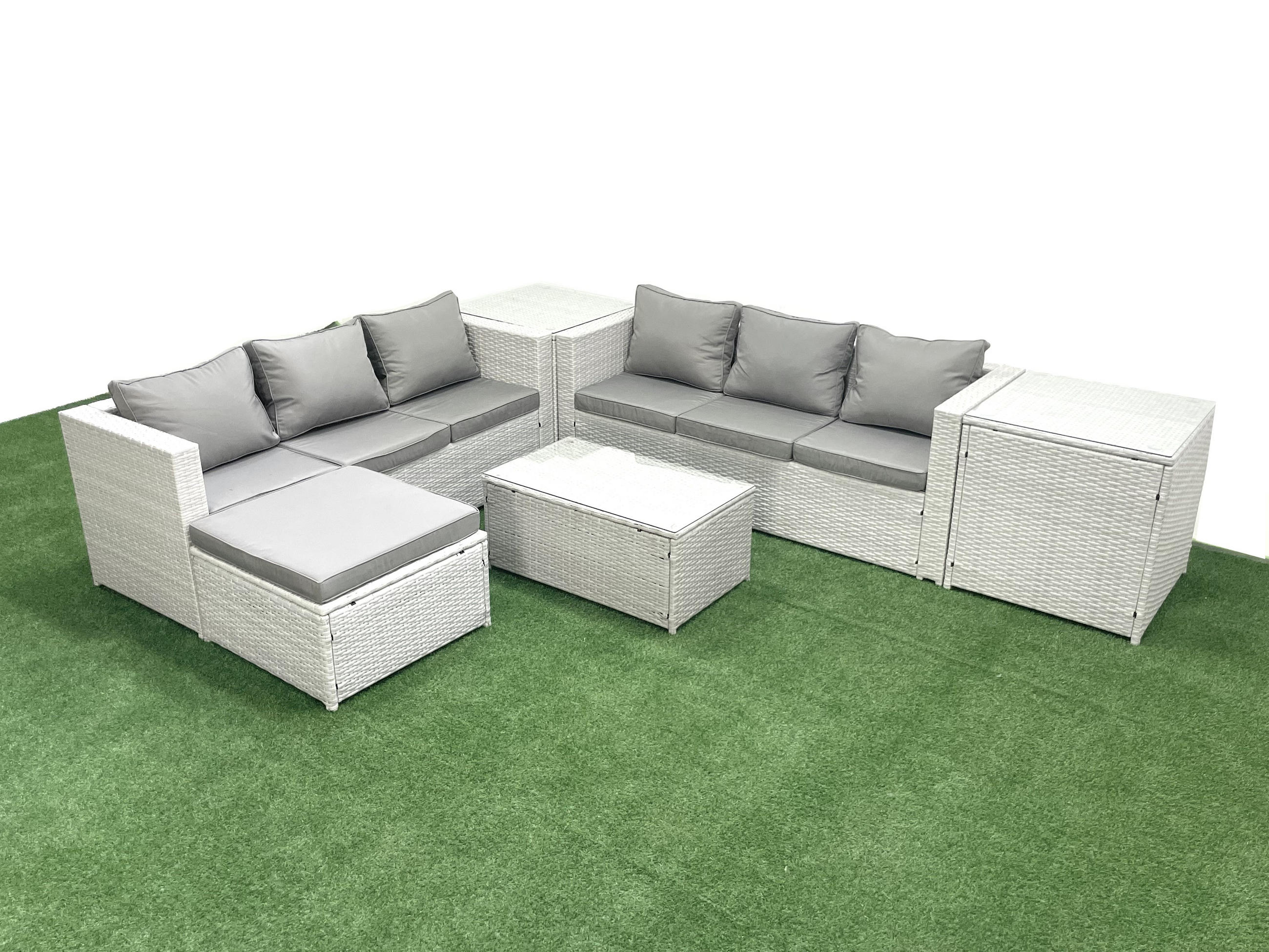 GARTENGARNITUR mit 3-SITZER SOFA,COUCHTISCH Polyrattan Hellgrau-Mix 7-Sitzer - Hellgrau/Grau, Glas/Kunststoff - Fimous