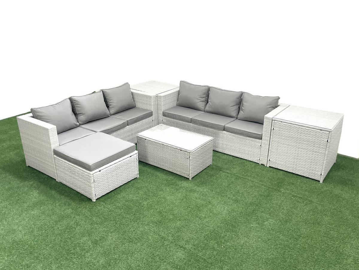 GARTENGARNITUR mit 3-SITZER SOFA,COUCHTISCH Polyrattan Hellgrau-Mix 7-Sitzer - Hellgrau/Grau, Glas/Kunststoff - Fimous