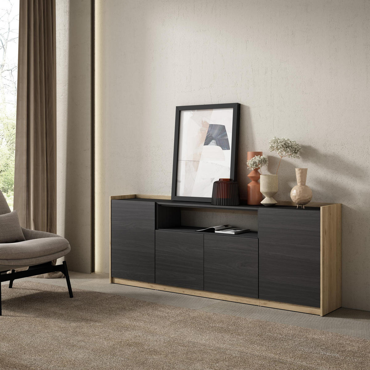 SIDEBOARD, Highboard, Schwarz Eiche, 207/37/80cm - Schwarz, Holzwerkstoff (207/80/37cm) - Skraut Home